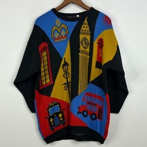 Vintage Sweater Womens XL Black Yellow Red Blue London Big Ben Novelty Print